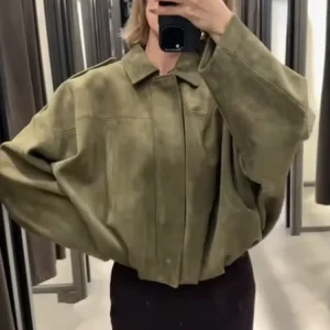 Urban Brown Green Suede Jackets Women Loose Lapel Long Sleeve Zipper Bomber Coat 2025 Autumn Winter Vintage Jacket Streetwear
