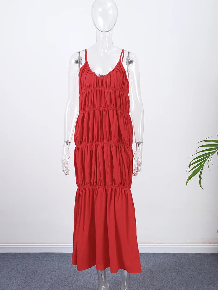 Red Loose Pleated Sling Long Dresses Women Sexy V-neck Sleeveless Backless Female Dresses 2025 Summer Lady Vacation Solid Robes - Image 4