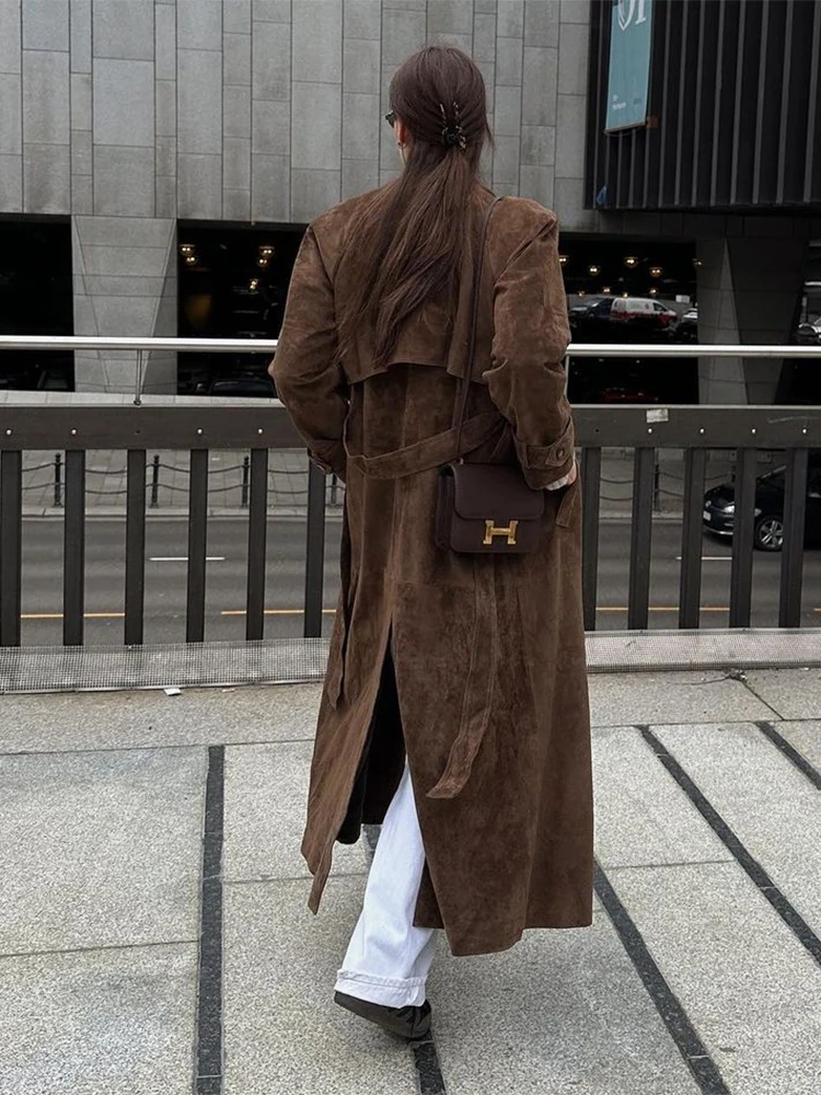 Fashion Faux Suede Women Long Trench Coats With Belt Double-breasted Lapel Overcoat 2025 Autumn Female High Street Windbreaker - Image 4
