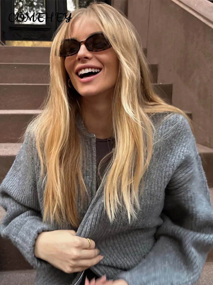 Gray Knitted Zipper Sweater Women 2025 Autumn New O-neck Long Sleeve Elegant Female Sweaters Fashion All-match Slim Streetwear - Image 3