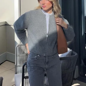 Gray Knitted Zipper Sweater Women 2025 Autumn New O-neck Long Sleeve Elegant Female Sweaters Fashion All-match Slim Streetwear