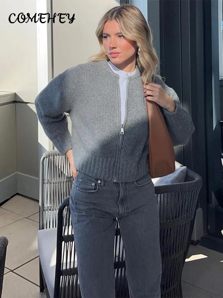 Gray Knitted Zipper Sweater Women 2025 Autumn New O-neck Long Sleeve Elegant Female Sweaters Fashion All-match Slim Streetwear