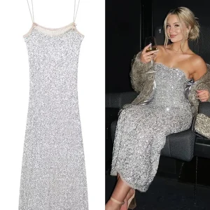 Elegant Sequin Dress For Women 2025 Autumn Winter Slip Sleeveless Boat Neck Shiny Party Dresses Sweet Office Lady Silver Robes
