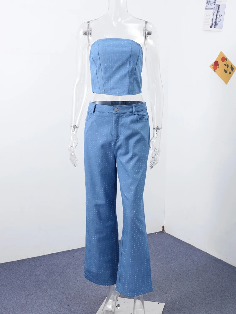 Rhinestone Sequin Tube Top Pants Sets Women Y2k Sleeveless Backless Tops Straight Trousers 2025 Spring Summer Lady Jeans Outfits - Image 5