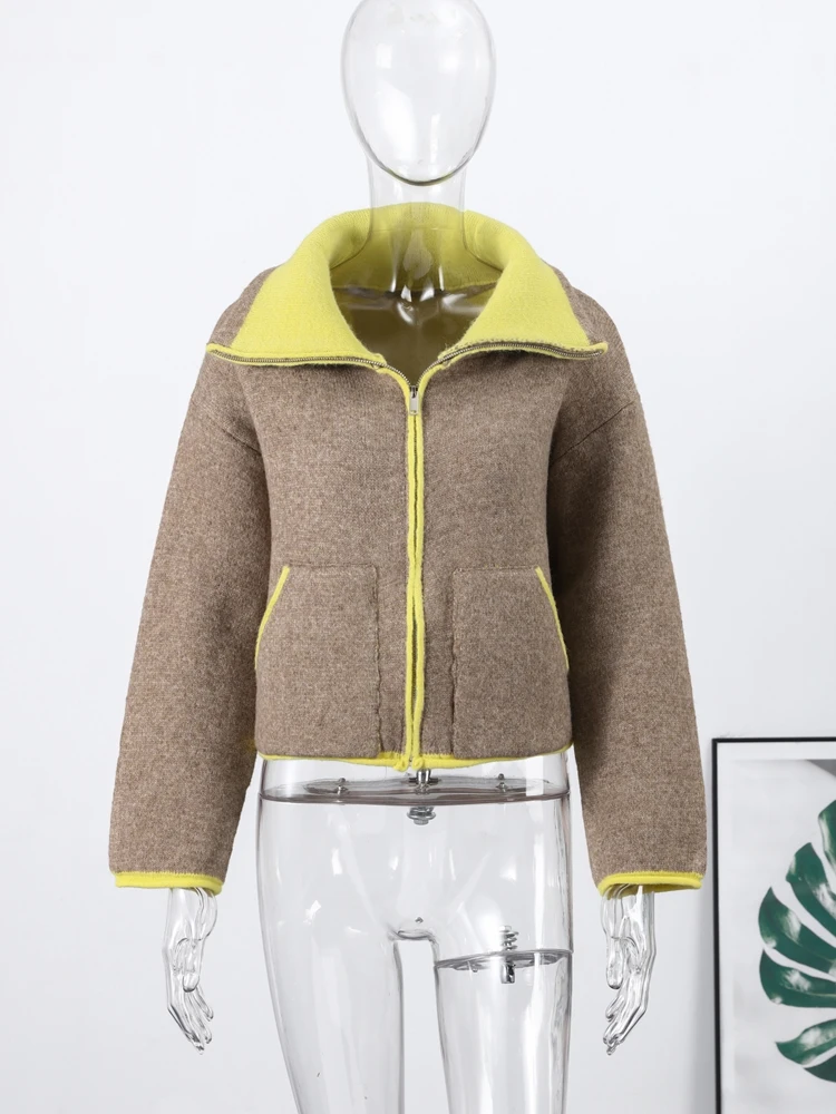 Fashion Contrast Knitted Coats Women Stand Collar Full Sleeve Zipper Pockets Jacket 2025 Autumn Winter Lady Warm Outwear Street - Image 5