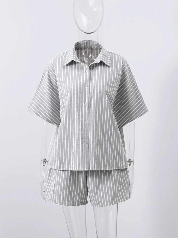 Casual Striped Shirt Shorts Sets Women Lapel Single Breasted Half Sleeve Shirts Lace Up Shorts 2025 Summer Vacation Beach Outfit - Image 5