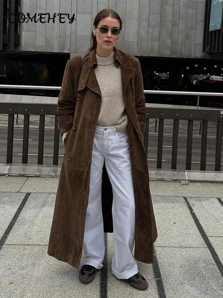 Fashion Faux Suede Women Long Trench Coats With Belt Double-breasted Lapel Overcoat 2025 Autumn Female High Street Windbreaker - Image 3