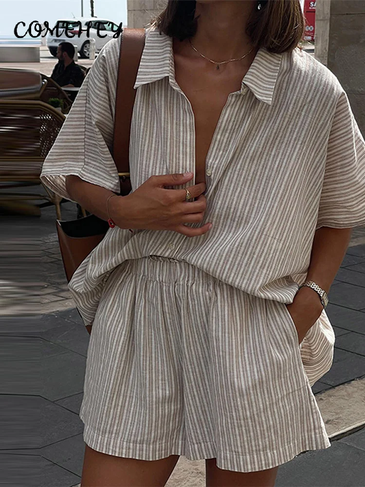 Casual Striped Shirt Shorts Sets Women Lapel Single Breasted Half Sleeve Shirts Lace Up Shorts 2025 Summer Vacation Beach Outfit - Image 2