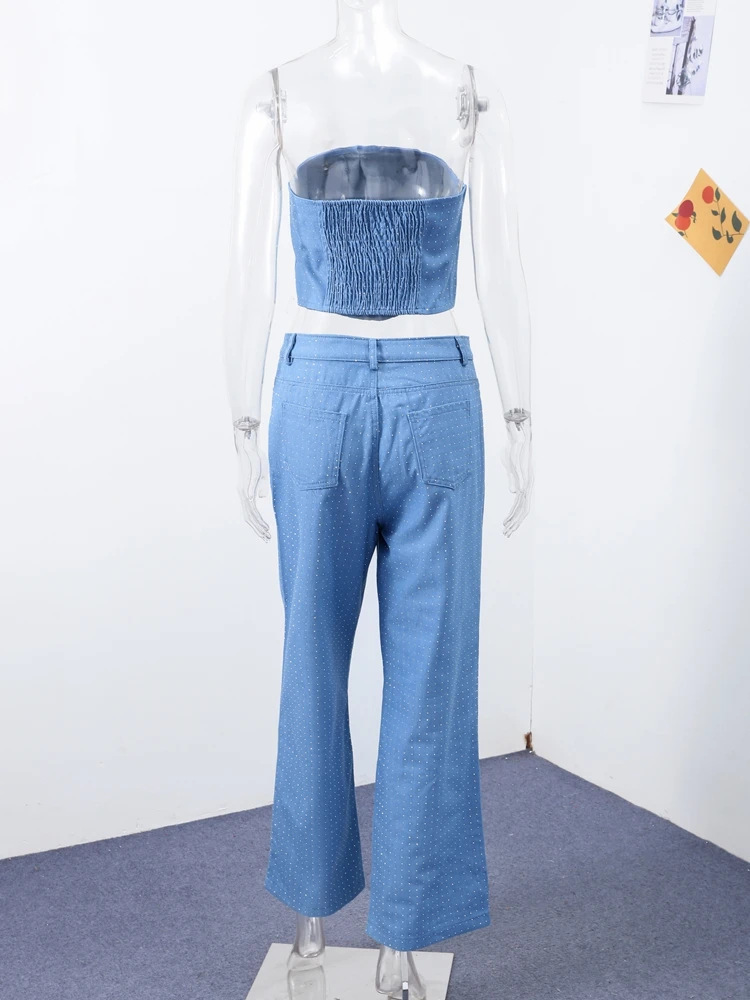 Rhinestone Sequin Tube Top Pants Sets Women Y2k Sleeveless Backless Tops Straight Trousers 2025 Spring Summer Lady Jeans Outfits - Image 6