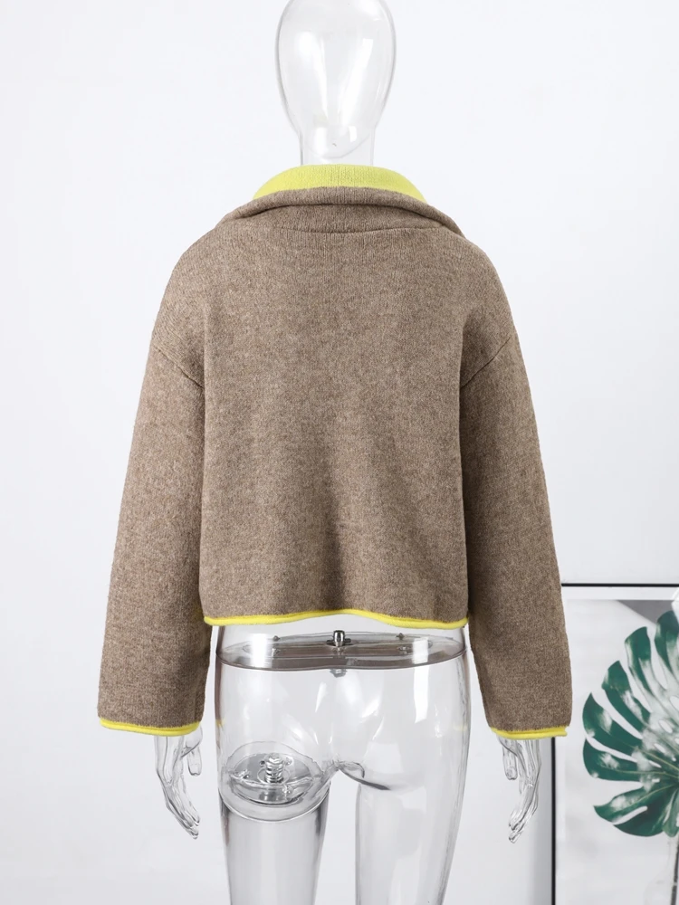 Fashion Contrast Knitted Coats Women Stand Collar Full Sleeve Zipper Pockets Jacket 2025 Autumn Winter Lady Warm Outwear Street - Image 6