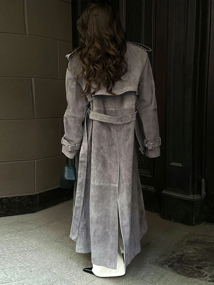 Fashion Faux Suede Women Long Trench Coats With Belt Double-breasted Lapel Overcoat 2025 Autumn Female High Street Windbreaker - Image 6