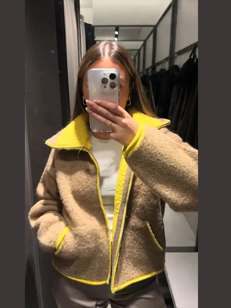 Fashion Contrast Knitted Coats Women Stand Collar Full Sleeve Zipper Pockets Jacket 2025 Autumn Winter Lady Warm Outwear Street - Image 4