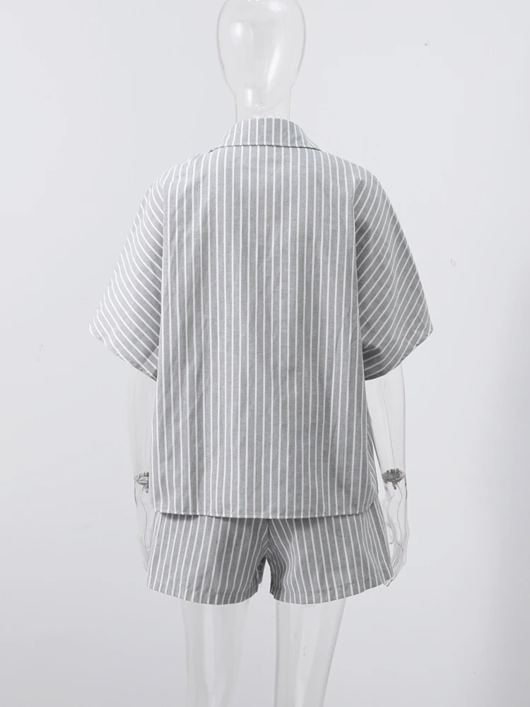 Casual Striped Shirt Shorts Sets Women Lapel Single Breasted Half Sleeve Shirts Lace Up Shorts 2025 Summer Vacation Beach Outfit - Image 6