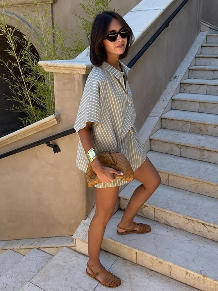 Casual Striped Shirt Shorts Sets Women Lapel Single Breasted Half Sleeve Shirts Lace Up Shorts 2025 Summer Vacation Beach Outfit - Image 4