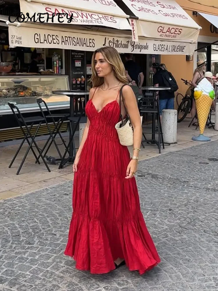 Red Loose Pleated Sling Long Dresses Women Sexy V-neck Sleeveless Backless Female Dresses 2025 Summer Lady Vacation Solid Robes