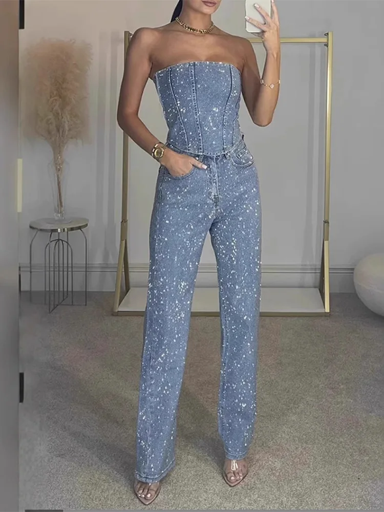Rhinestone Sequin Tube Top Pants Sets Women Y2k Sleeveless Backless Tops Straight Trousers 2025 Spring Summer Lady Jeans Outfits - Image 3