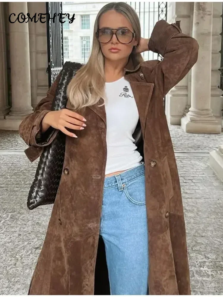 Fashion Faux Suede Women Long Trench Coats With Belt Double-breasted Lapel Overcoat 2025 Autumn Female High Street Windbreaker