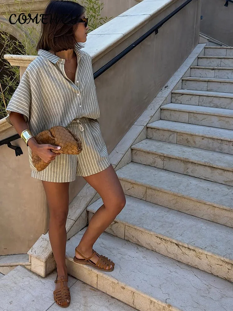 Casual Striped Shirt Shorts Sets Women Lapel Single Breasted Half Sleeve Shirts Lace Up Shorts 2025 Summer Vacation Beach Outfit