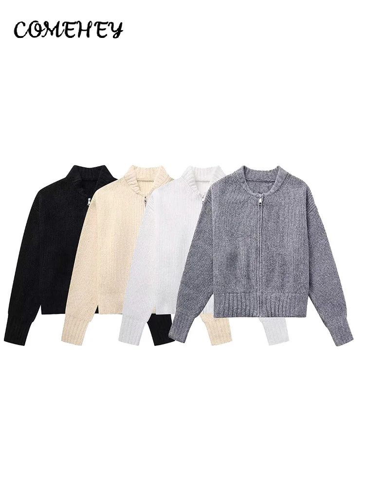 Gray Knitted Zipper Sweater Women 2025 Autumn New O-neck Long Sleeve Elegant Female Sweaters Fashion All-match Slim Streetwear - Image 5