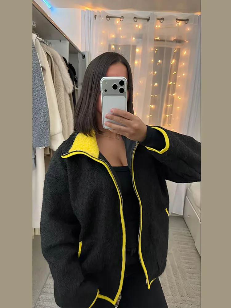 Fashion Contrast Knitted Coats Women Stand Collar Full Sleeve Zipper Pockets Jacket 2025 Autumn Winter Lady Warm Outwear Street - Image 2