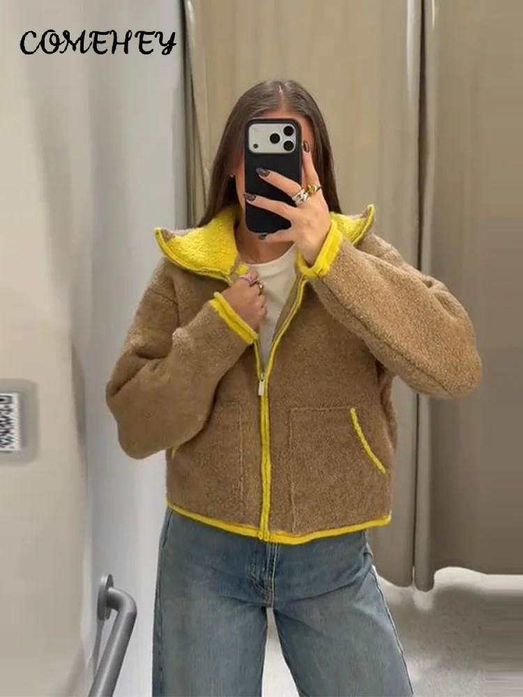 Fashion Contrast Knitted Coats Women Stand Collar Full Sleeve Zipper Pockets Jacket 2025 Autumn Winter Lady Warm Outwear Street - Image 3