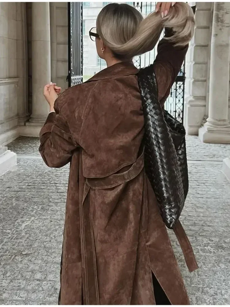Fashion Faux Suede Women Long Trench Coats With Belt Double-breasted Lapel Overcoat 2025 Autumn Female High Street Windbreaker - Image 2
