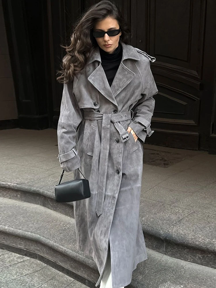 Fashion Faux Suede Women Long Trench Coats With Belt Double-breasted Lapel Overcoat 2025 Autumn Female High Street Windbreaker - Image 5