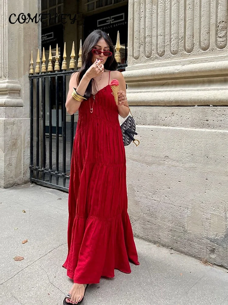 Red Loose Pleated Sling Long Dresses Women Sexy V-neck Sleeveless Backless Female Dresses 2025 Summer Lady Vacation Solid Robes - Image 3