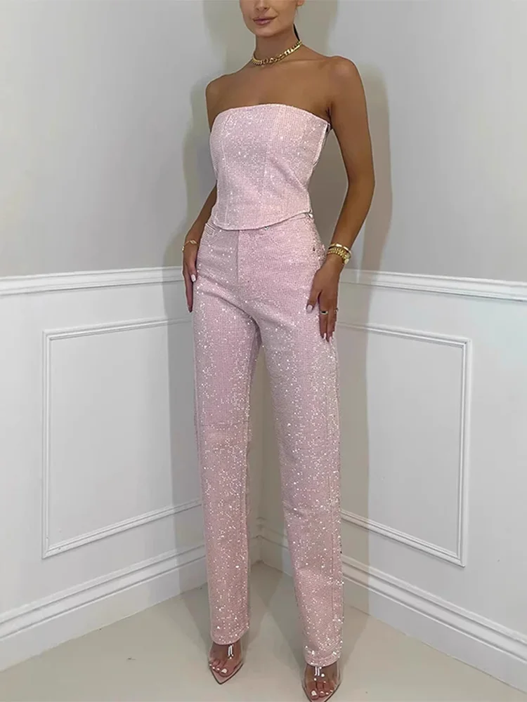 Rhinestone Sequin Tube Top Pants Sets Women Y2k Sleeveless Backless Tops Straight Trousers 2025 Spring Summer Lady Jeans Outfits - Image 4