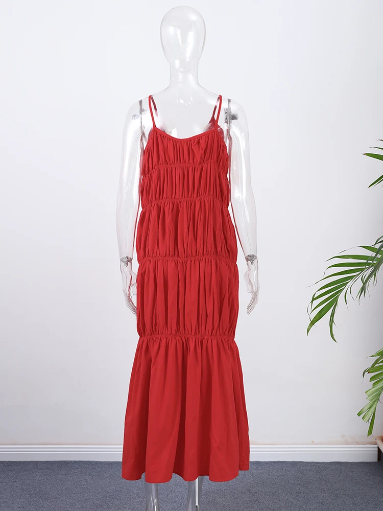 Red Loose Pleated Sling Long Dresses Women Sexy V-neck Sleeveless Backless Female Dresses 2025 Summer Lady Vacation Solid Robes - Image 5
